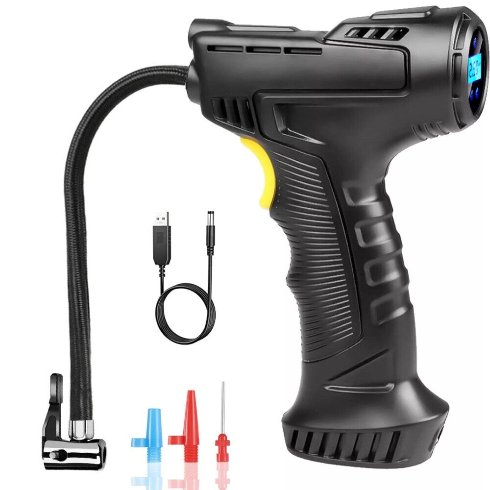 Portable 12V tyre inflator with USB charging cable
