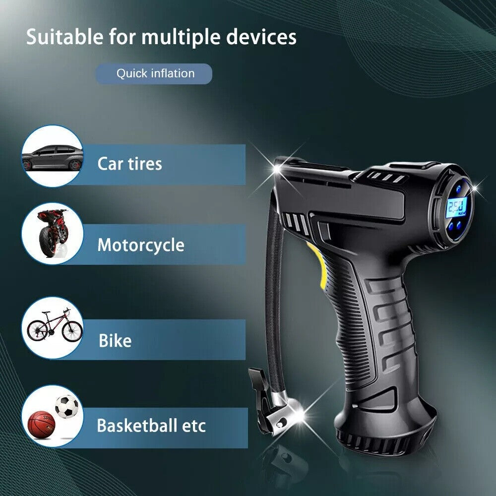 Cordless air compressor inflating a car tyre