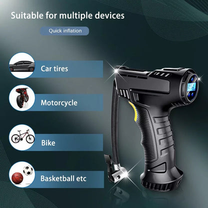 Cordless air compressor inflating a car tyre