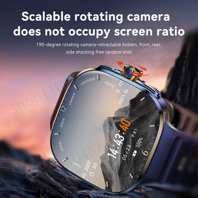 Smartwatch with a scalable rotating camera on a mountainous background