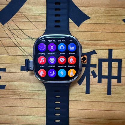 Smartwatch with app icons on a wooden surface