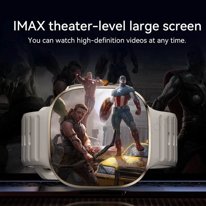 Portable screen displaying superhero characters with text about IMAX theater-level viewing.