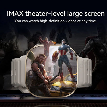 Portable screen displaying superhero characters with text about IMAX theater-level viewing.