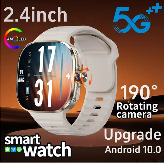 Smartwatch with 2.4-inch AMOLED display and 5G connectivity on a brown background