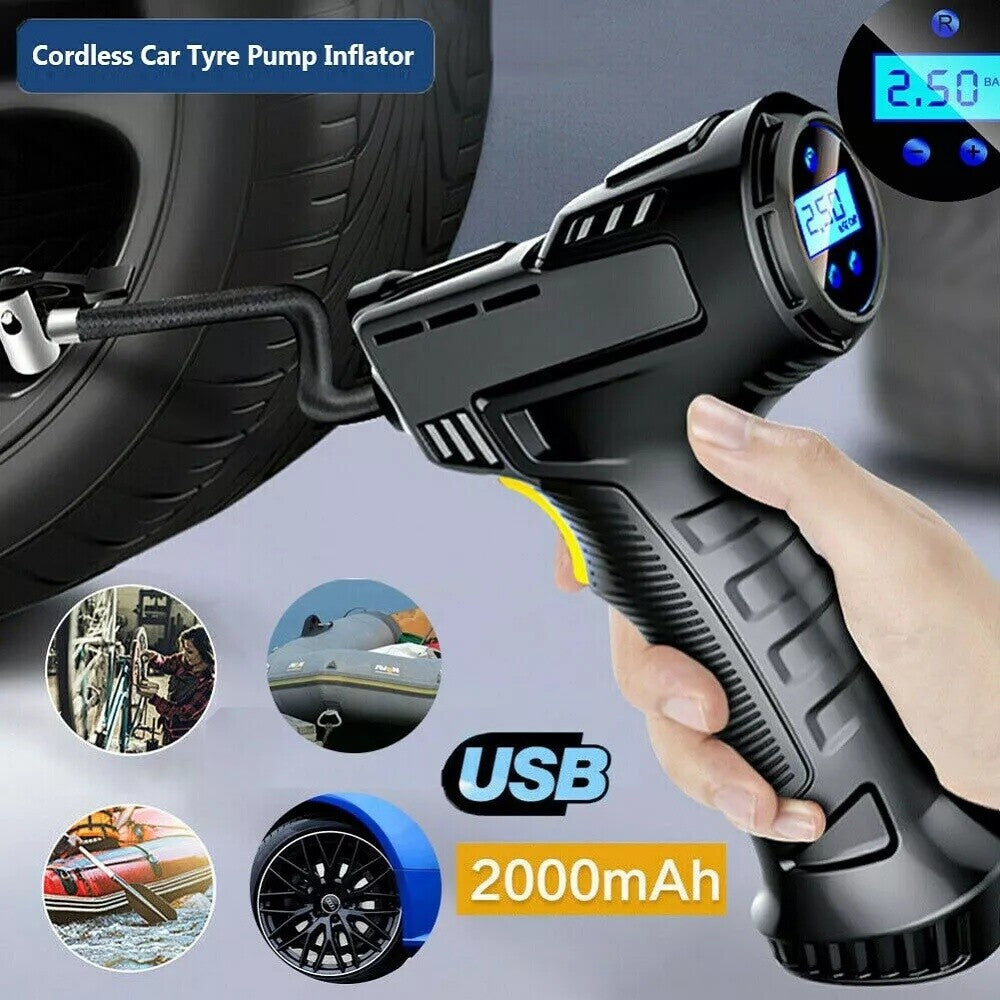Rechargeable 12V tyre inflator with accessories