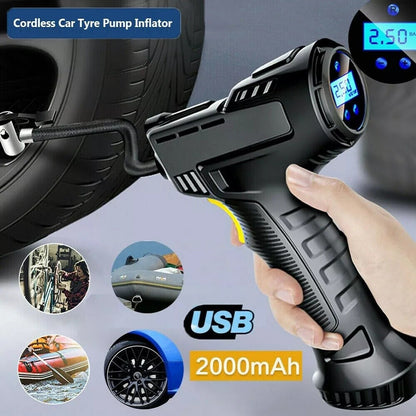 Rechargeable 12V tyre inflator with accessories